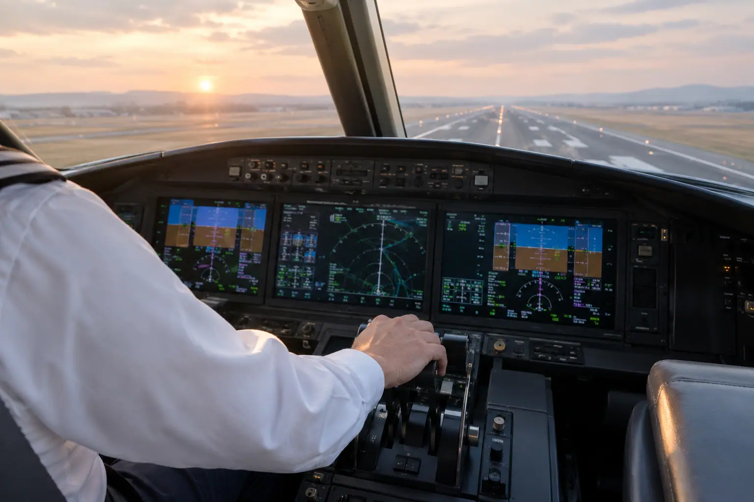 Business jet cockpit before departure