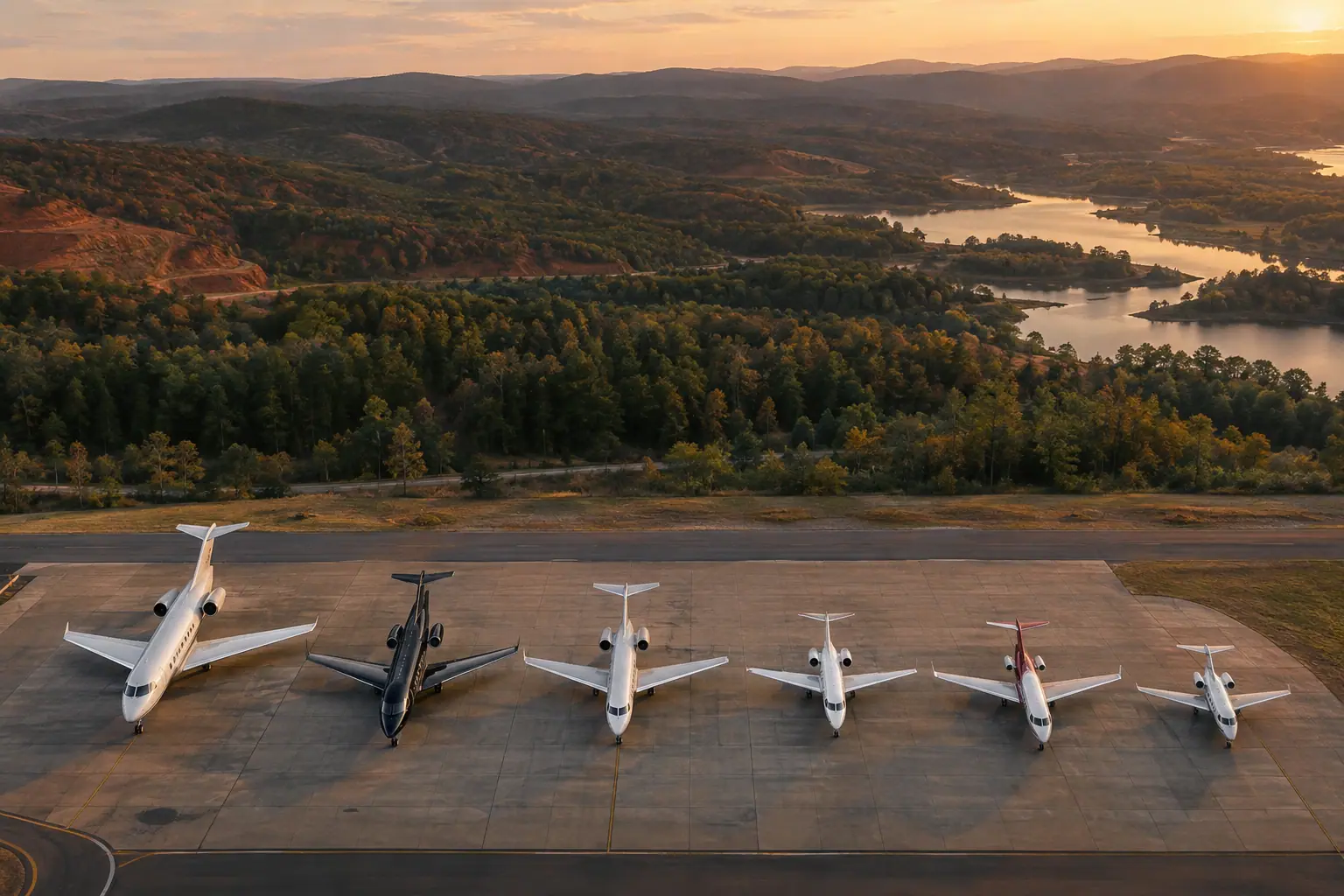 Business jets of different sizes on a ramp